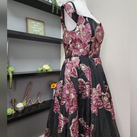 Jovani Black Off the Shoulder Sequin Floral Dress Mother of Bride Flare Luxury - Picture 6 of 16